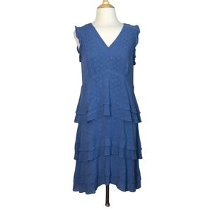 CECE Women Size 4 Blue Flutter‎ Sleeve Vneck Tiered Baby Doll Dress Knee Length